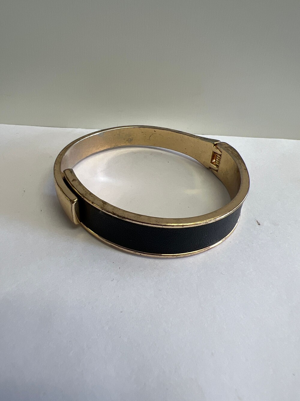 Hinged Bangle Bracelet Gold Tone Black Leather Inlay